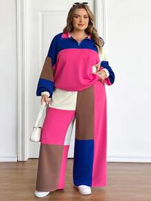 SHEIN CURVE+ 2 Stücke Set Damen Große Größen Lässig Patchwork Loose Fit Langarm Halb-Reißverschluss Hoodie und Weite Bein Jogginghose, Streetwear, Freizeitmode, Loungewear, Herbst/Valentinstag - Verschiedenfarbig - Übersicht 6