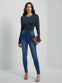 SHEIN Tall 纯色长袖修身黑色T恤连体裤 - 藏蓝色 - 查看 6