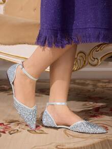 CUCCOO TILAWA Women's Fashionable & Elegant Party Rhinestone Decorated Pointed Toe Flats For Christmas - Silver - View 9