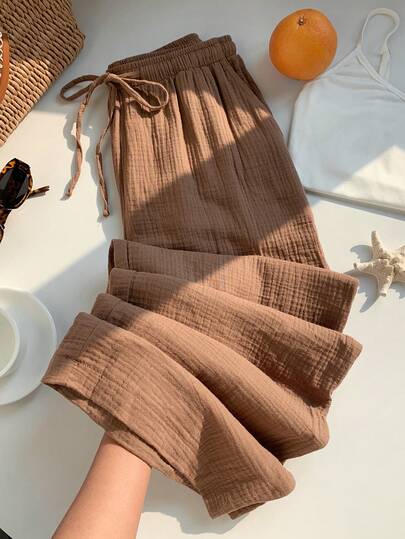 SHEIN EZwear 女士纯色系腰直腿纹理宽松裤