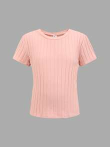 SHEIN Áo thun ngắn tay cổ tròn màu trơn, chất liệu gân, thích hợp mặc mùa hè, dành cho bé gái tuổi teen. - Nhiều màu - Xem 7