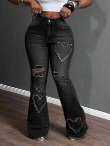 SHEIN SXY Quần jeans ống loe thêu hình trái tim màu xanh co giãn phong cách cao bồi cho nữ cỡ lớn, trang phục mùa thu - màu đen - Xem 1