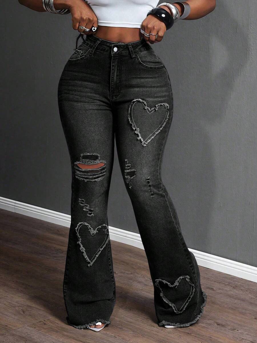 SHEIN SXY Quần jeans ống loe thêu hình trái tim màu xanh co giãn phong cách cao bồi cho nữ cỡ lớn, trang phục mùa thu - màu đen - Xem 1