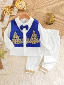 3pcs Baby Boy Spring Middle Eastern Style Contrast Color Bow Tie Shirt + Navy Vest + Knit Pants With Floral Hem Decoration Outfit Set Royal Blue Baby Boy Baby Boy Party Wear Royal Blue Vest Baby Nice Wedding Outfit Baby Boy Baby Boy Arab Dressرمضان  قرقيعان  فستان العيد  الملابس التقليدية العربية - Green - View 2