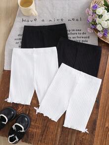 SHEIN 4件套女童纯色修身休闲打底裤，黑色短裤，黑白短裤，黑色罗纹短裤，儿童黑色短裤，黑色骑行短裤，适合学校、校园、大学穿着 - 黑與白 - 查看 2