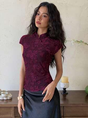 EastFlair Blusa elegante de satén con estilo chino, cuello de cheongsam y mangas dolman para mujer