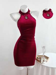 Elamini 酒红色丝绒露背旗袍连衣裙，性感收腰修身连衣裙，秋冬款 - 酒紅色 - 查看 1