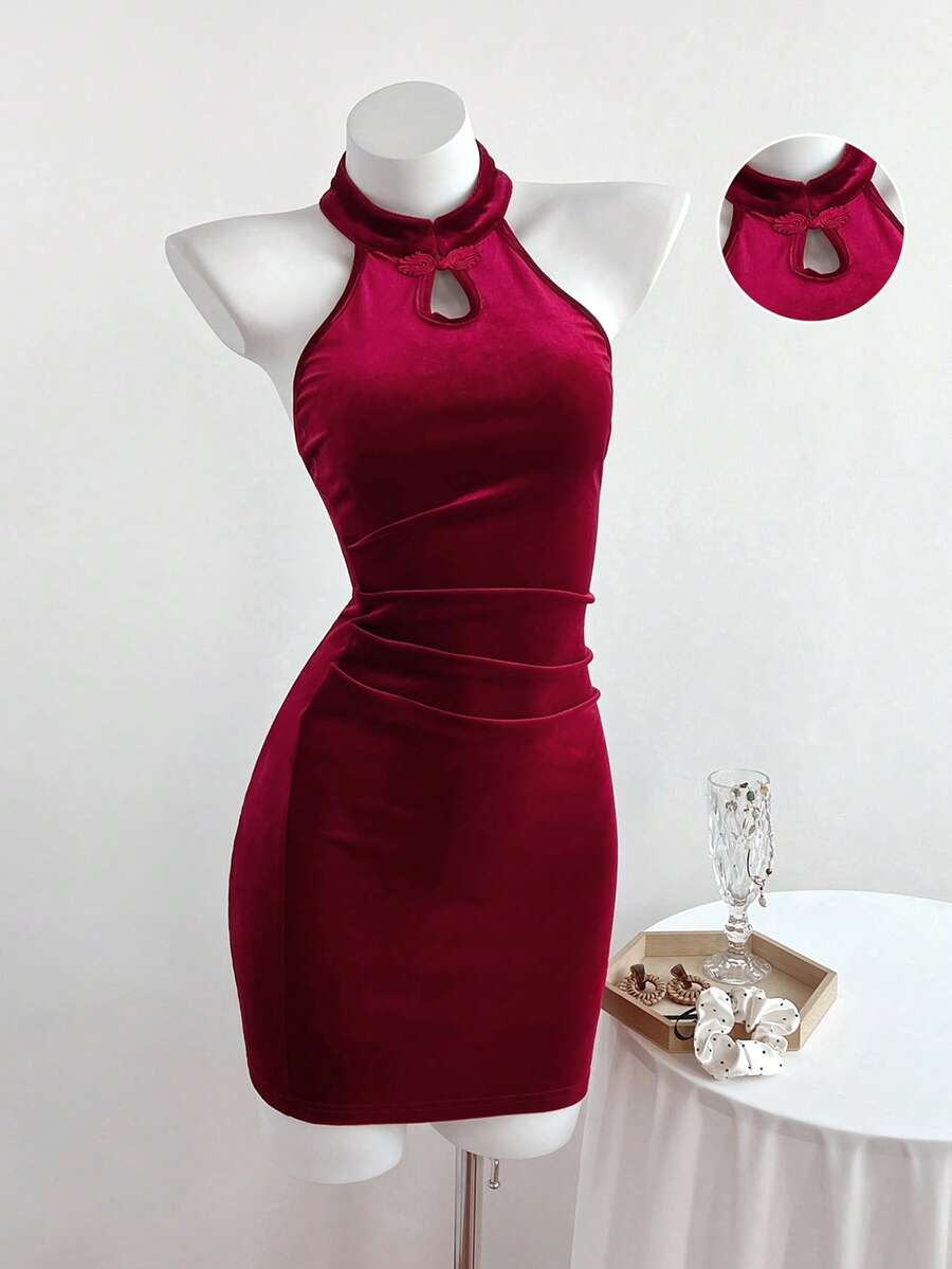 Elamini 酒红色丝绒露背旗袍连衣裙，性感收腰修身连衣裙，秋冬款 - 酒紅色 - 查看 1