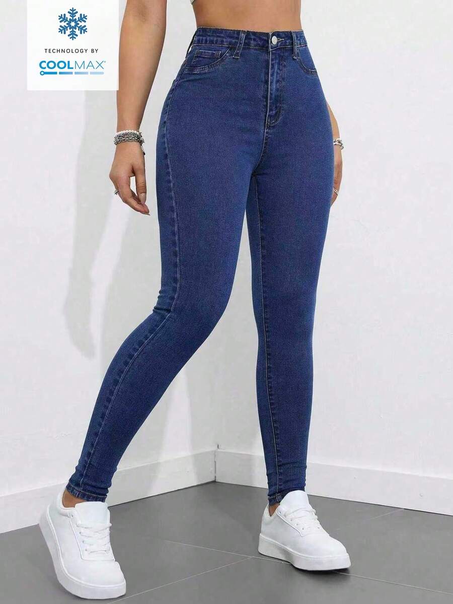 SHEIN ICON Plus Size Women Street Casual Elastic Comfortable Dark Blue Denim Skinny Pants - Medium Wash - View 1