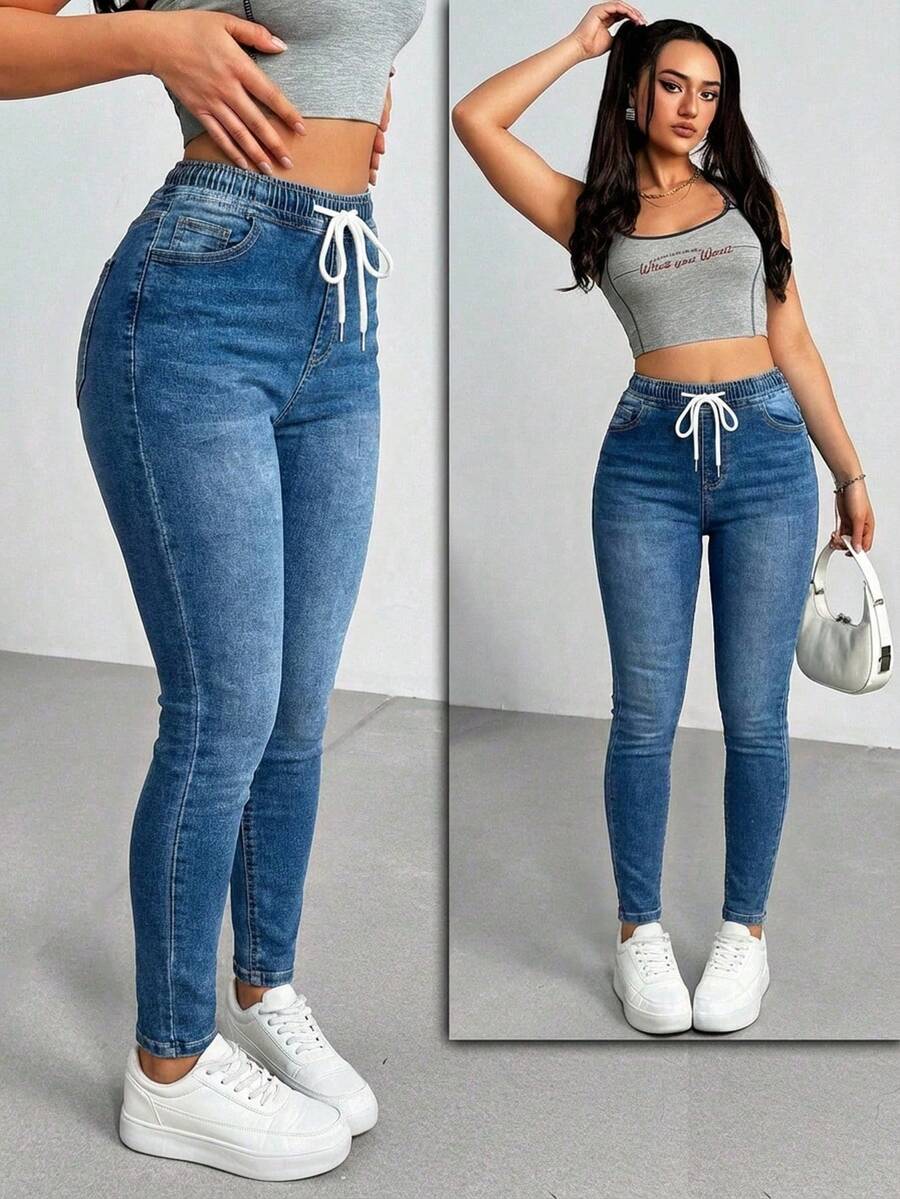 Pantalón de Mezclilla Mujer Skinny Jeans Stretch con Resorte y Cordón Tiro Alto Curvy Azul - Celeste - Ver 1