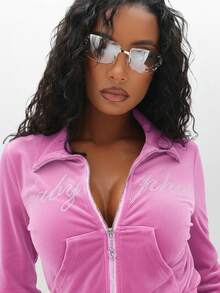 BABYPHAT Velour Funnel Neck Zip Up Sweatshirt With Rhinestone Embellishments Long Sleeve Cropped Top For Fall Winter Casual Wear - Pink - View 5