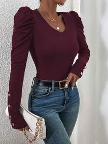 SHEIN PETITE Áo thun ôm dáng cổ chữ V, tay phồng, có khóa kim loại trang trí - Màu Đỏ Sâu - Xem 4