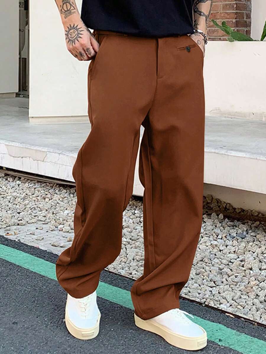 Claim Dot 男士休闲纯色口袋宽松西装裤 - 鏽棕色 - 查看 1