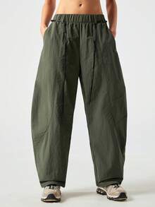 Chiquease 女士纯色弹力腰时尚百搭锥形裤腿宽松休闲裤，女士休闲户外运动弹力腰开衩裤宽松弧形裤，休闲运动裤，宽松工装裤，锥形裤脚。适合日常通勤和休闲穿着的百搭长裤，春夏女士必备。 - 軍綠色 - 查看 1