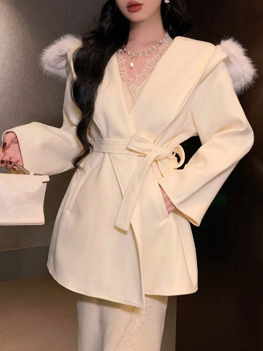 DAZY Women's Elegant Wool Collar Belted Overcoat, Autumn/Winter - White - View 1