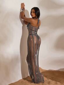 Opulessa Women's Halter Tie-Up Hollow-Out Sexy Sheer Party Dress  Club Outfits, Date, Night Out,Vacation ,Beach Outfits,Garden , ,Sexy Elegant Party,, National Day,Going Out Outfit, Carnival - Grey - View 2