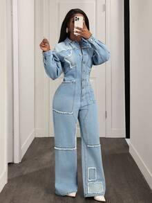 Slaydiva Women's Casual Frayed Button Half-Zip Long Sleeve Denim Jumpsuit, Autumn - Blue - View 6