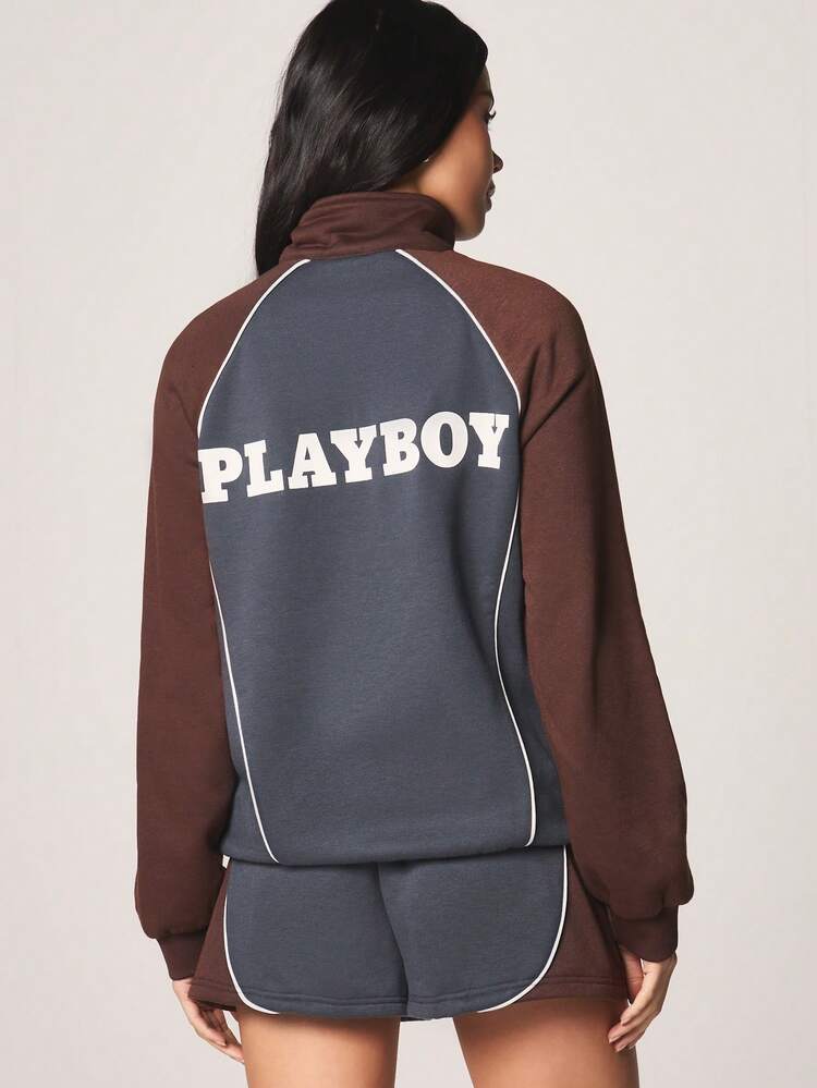 Missguided x Playboy Color Block Panelled Zip Through Sweatshirt With Funnel Neck And Long Sleeves For Casual Streetwear