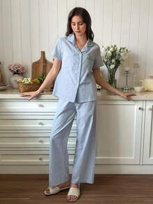 Snug Reverie 2pcs Women 100% Cotton Jacquard Romantic Fresh Blue Short Sleeve Pajama Set Light Blue Pajama Set Light Blue Pj Set - Baby Blue - View 4