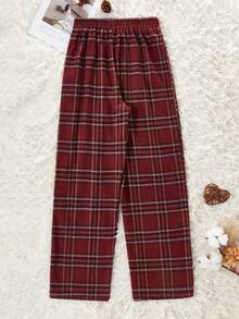 Dream Adore Women's Plaid Print Drawstring Waist Loose Straight Leg Pajama Pants Burgundy Pajama Pants - Burgundy - View 2