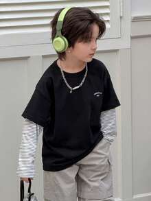 DAZY Young Boy Letter Print 2 In 1 Striped Casual T-Shirt - Black - View 10