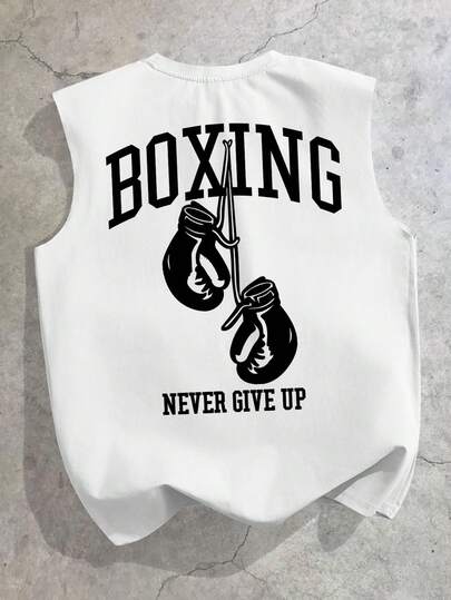 StoneGrade Vintage American Boxing Glove Print Loose Fit Casual Sleeveless Tank Top For Men, Standard Size, White