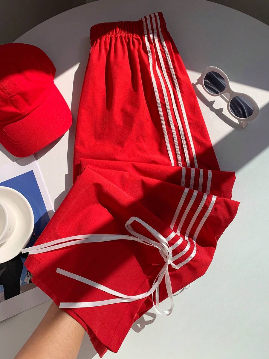 SHEIN EZwear 休閒色塊條紋編織寬腿裝多口袋褲 - 紅色 - 查看 1