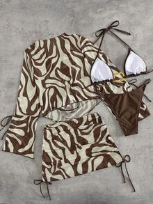 Swim SXY Chocolate Brown Summer Casual Beach Vacation Holiday Women 4-Piece Bikini Set,Triangle Halter Bikini,Mesh Long Sleeve Pullover,Side Ruched Skirt - Brown - View 2