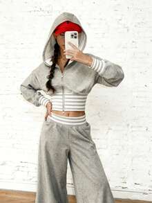 INAWLY 2pcs Women Striped Patchwork Zip-Up Hoodie Sweatshirt Set, Slimming Casual - Grey - View 1