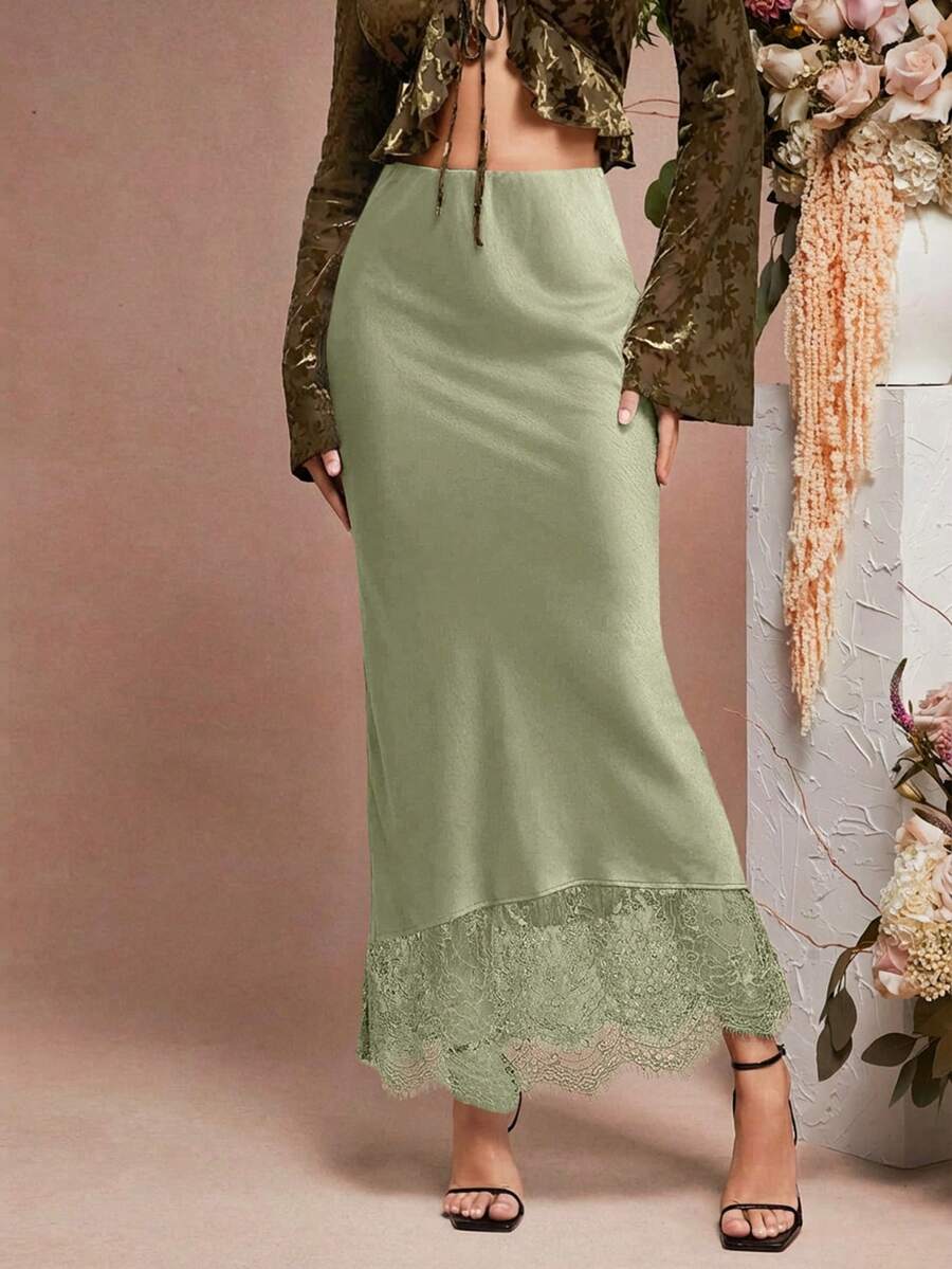 L'Amorae Women's Solid Color High Waist Contrast Lace Elegant Pencil Skirt - Mint Green - View 1