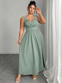 Elenzga Vestido ajustado con escote en V, contraste de encaje, tirantes de espagueti y bajo acampanado con abertura, talla grande - verde menta - Ver 6