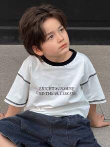 Dazy Kids Slogan Print Round Neck Drop Shoulder Short Sleeve Casual T-Shirt For Young Boys Spring - White - View 4