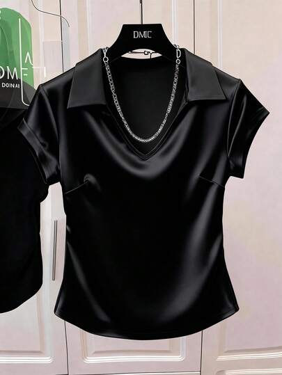 GlowEve CURVE Plus Size Women Satin Shiny Solid Color T-Shirt, Suitable For College Wear, Going Out Tops, Business Casual, Elegant