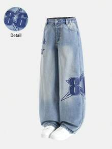 SHEIN Jeansy dla nastolatek, estetyka Y2K, luźna, szeroka nogawka, wygodny bawełniany denim, nadruk w gwiazdki, odpowiednie do noszenia na co dzień, do szkoły, na spotkania, w podróż, na powrót do szkoły, nowość na jesień - Średni jeans - Zobacz 3