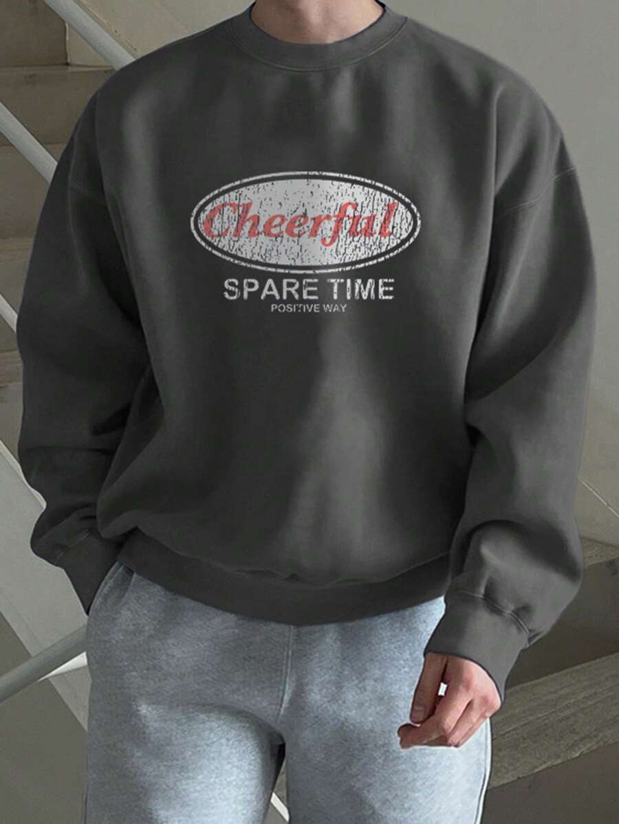 DAZY Men's Letter Print Design Crew Neck Boxy Short Grey Pullover Sweatshirt, Autumn/Winter - Grey - View 1