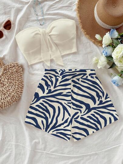 Soleia Conjunto de 2 piezas con top bandeau de unicolor y shorts estampados para mujer