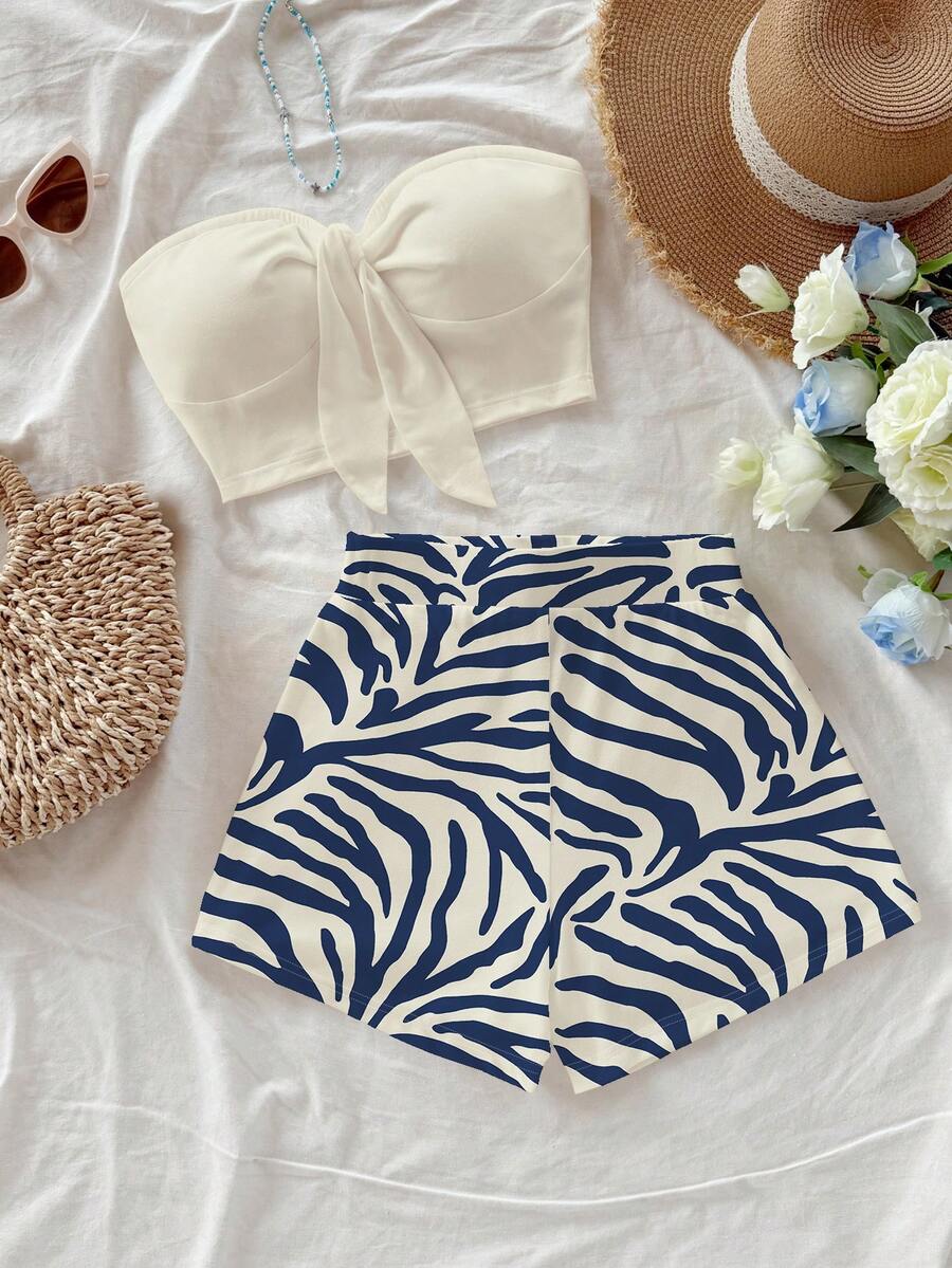 SHEIN WYWH 女士纯色抹胸上衣和印花短裤两件套 - 彩色 - 查看 1