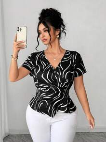 Elenzga Áo kiểu nữ cỡ lớn tay ngắn thanh lịch đính kim loại xếp ly, thích hợp cho đi làm, đi chơi, hẹn hò, Halloween, Lễ Tạ ơn. - Đen và trắng - Xem 4