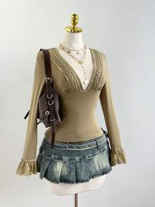 Elamini 1件复古性感修身长袖T恤，女款，深V蕾丝拼接，弹力面料，军绿色，通勤休闲两相宜 - 棕色 - 查看 3