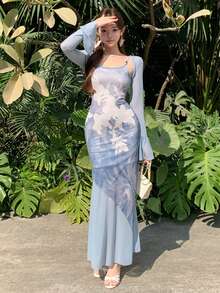 DAZY 两件套女士印花吊带连衣裙和喇叭袖罩衫套装 - 藍色 - 查看 6