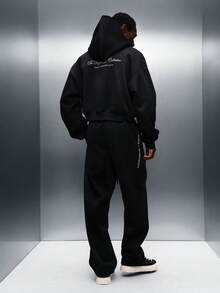 PLAYBOY X SUMWON Oversized Hooded Sweatshirt Matching Joggers Set With Embroidered Text Full Zip Closure Elastic Waistband Drawstring Comfortable Relaxed Fit - Dark Grey - View 1