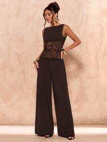 SHEIN BAE Women's Black Sleeveless Lace Patchwork Sheer Sexy Bodycon Jumpsuit - Coffee Brown - View 2