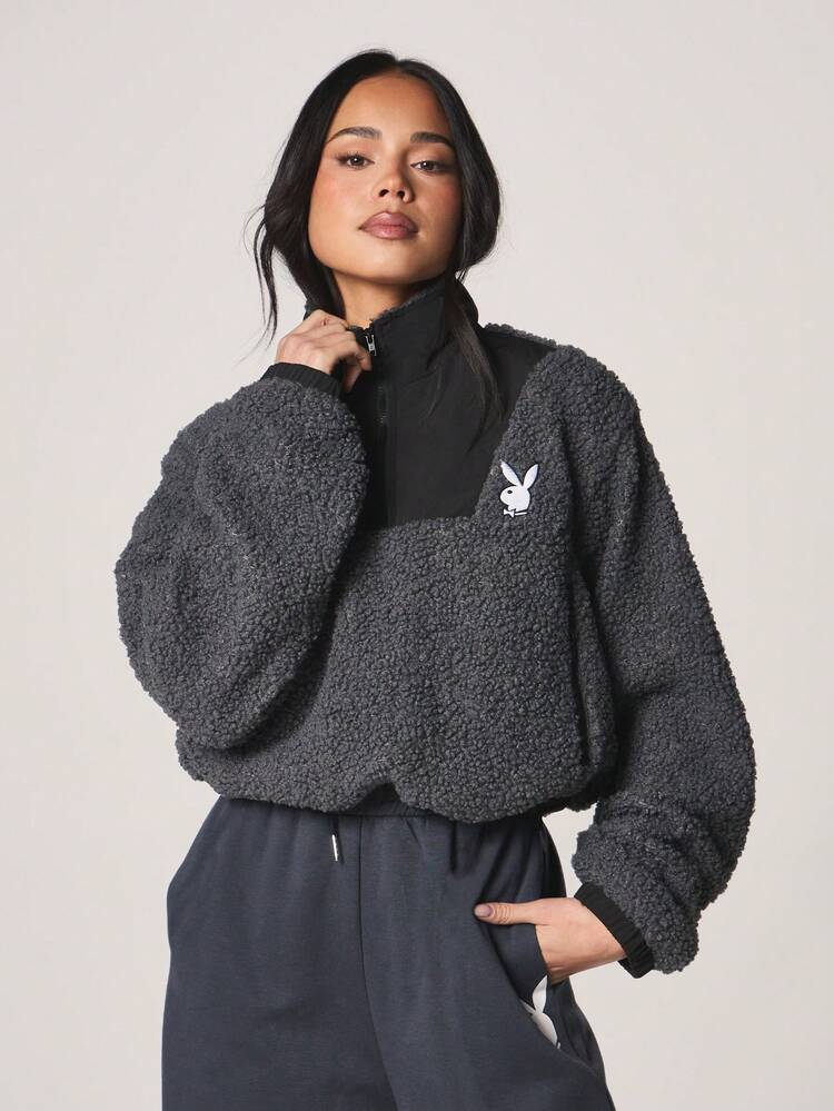 Missguided x Playboy Bunny Logo Sherpa Half Zip Funnel Neck Sports Jacket With Textured Fleece Fabric For Fall Winter