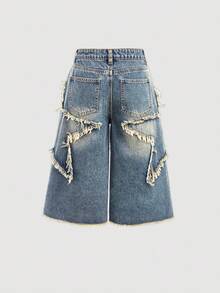 SHEIN 少女Y2K复古水洗星形拼接印花牛仔七分裤，带腰带环，毛边裤脚，宽松长款牛仔短裤，休闲时尚，适合日常穿着、上学、街头服饰。 - 淺色水洗藍 - 查看 2