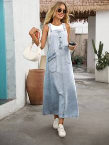 SHEIN PETITE Casual Loose Flattering A-Line Washed Light Blue Denim Dress For Women - Light Wash - View 4