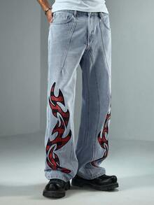 ROMWE MEN Street Life 男士浅色水洗格子刺绣牛仔裤 - 藍色 - 查看 5