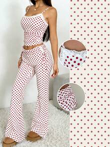 CovetEZ 2pcs/Set Valentine's Day Sweet Casual Home Fashion Outfits Women Polka Dot Contrast Lace Camisole And Flare Pants Casual Outfit Vacation Outfits Woman 2 Piece Summer Pant Set Polka Dot Two Piece Set - Red and White - View 3