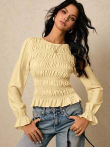 Poéselle Women's Pale Yellow Round Neck Ruffle Flare Sleeve Fashion Elegant Brunch Autumn Blouse - Light Yellow - View 3