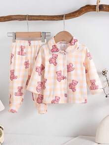新生儿睡衣套装 - 两件套睡衣，可爱小熊印花，粉嫩格纹，蜜桃黄配色，圆领长袖，纽扣前襟，长裤，连脚设计，松紧腰带，触感柔软舒适，四季皆宜，2026年假日必备 - 彩色 - 查看 3
