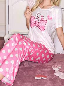 Cute Bow Panda Heart Pajamas, Romantic Pink Girly Pajama Set, Lovely Ladies Sleepwear Set - Multicolor - View 4